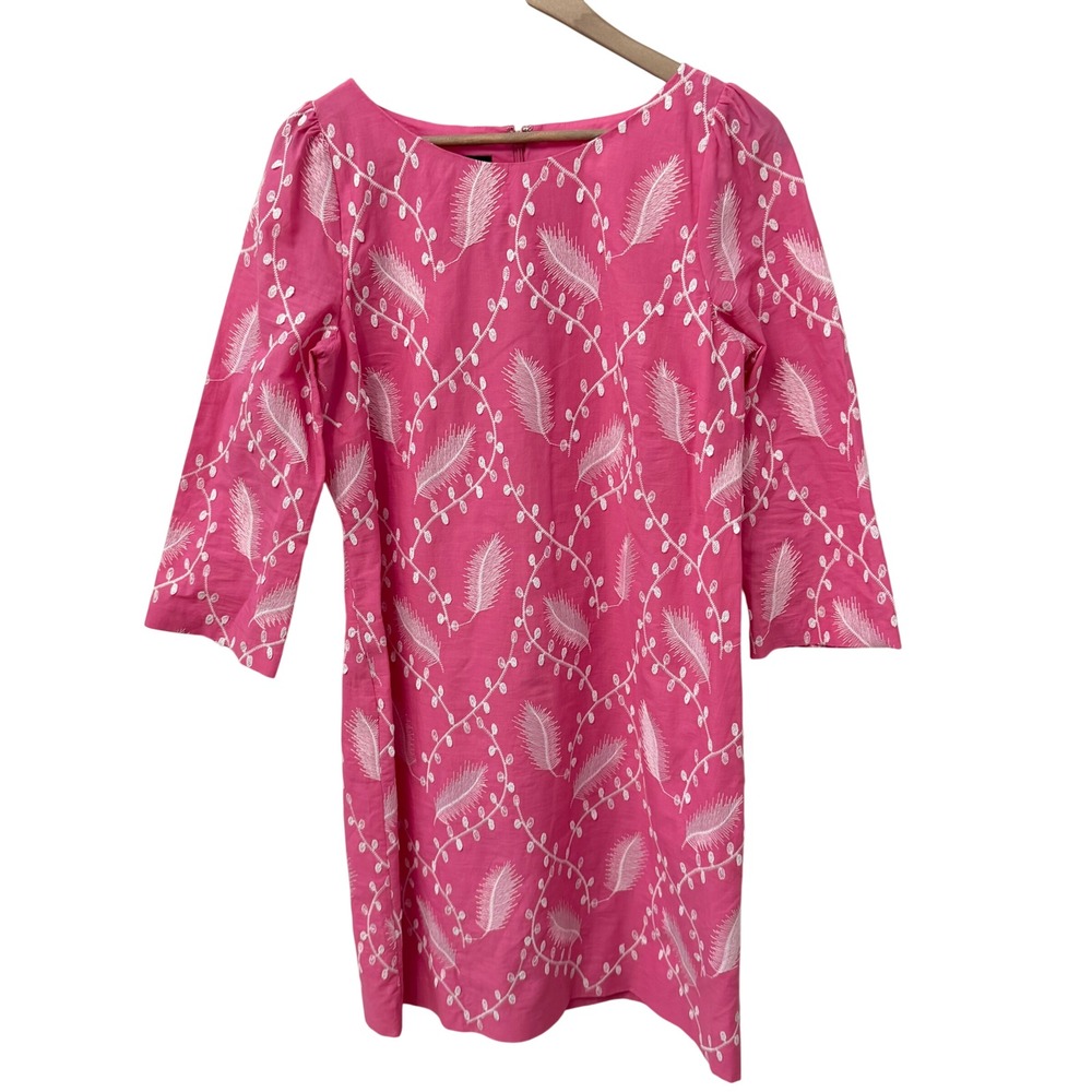Talbots Embroidered Feather Shift‎ Dress Sz 8 Pink 3/4 Sleeve Cotton